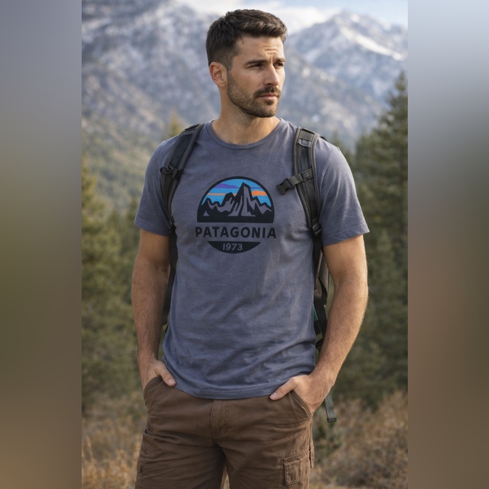 Patagonia Graphic Tee Mens Medium Blue Gray Organic Cotton Slim Fit
